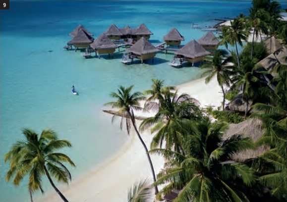 Vue aérienne des bungalows sur pilotis dans le lagon turquoise et de la plage bordée de cocotiers.