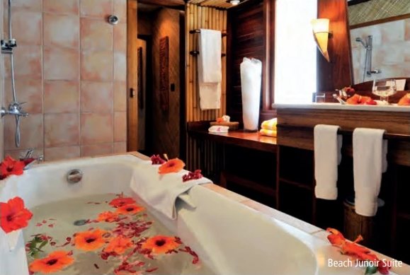 Salle de bain avec baignoire décorée de fleurs d'hibiscus rouges, douche et serviettes blanches.