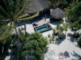 Vue plongeante sur une villa avec sa piscine privée et ses chaises longues entourées de palmiers.