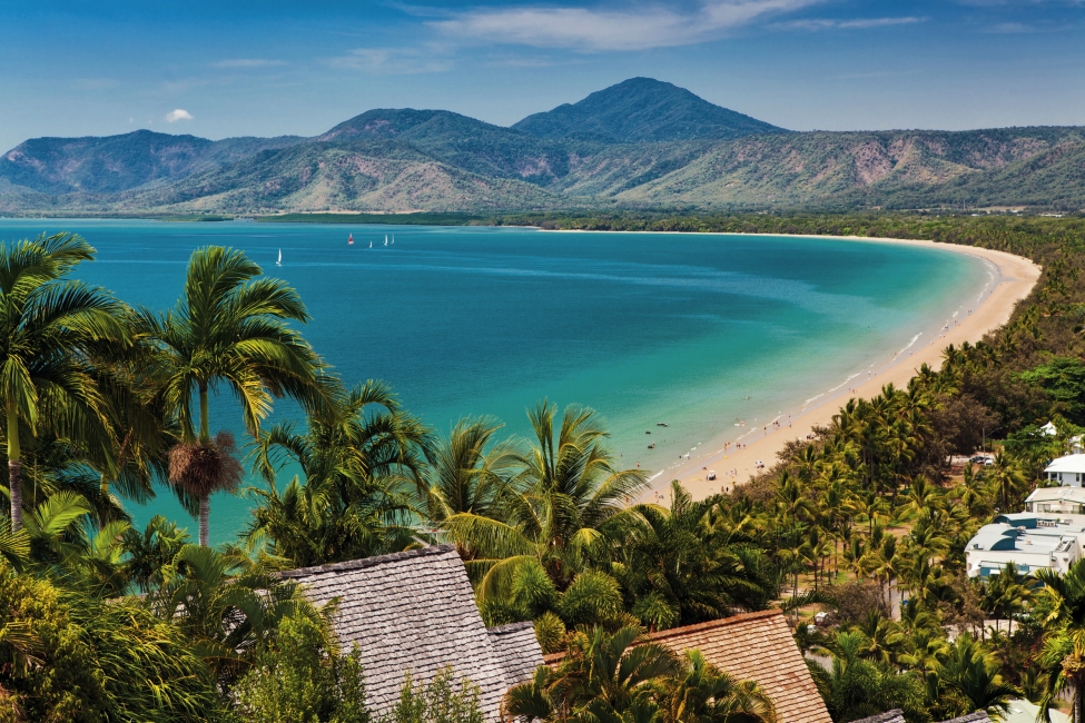 Plage bordée de palmiers à Port Douglas