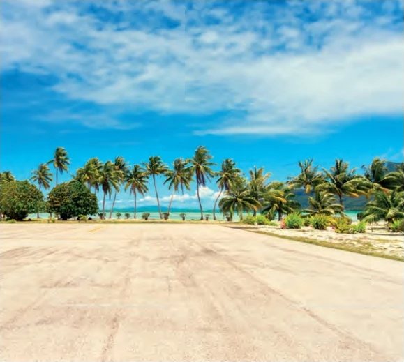 Grande esplanade de sable bordée de cocotiers face au lagon