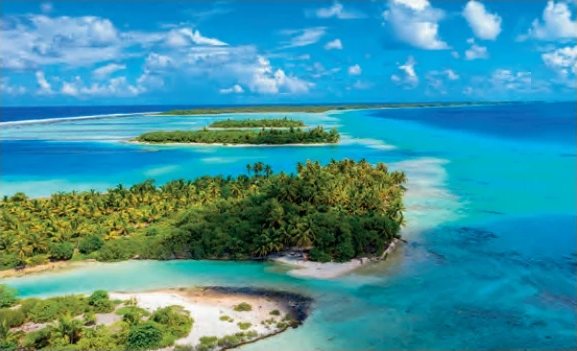 Vue aérienne d'îlots couverts de cocotiers dans un lagon turquoise aux eaux cristallines.